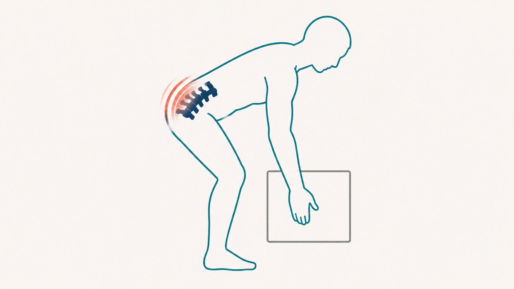 Illustration of a stylized human figure half-bent in a lifting posture with strain at the lower back