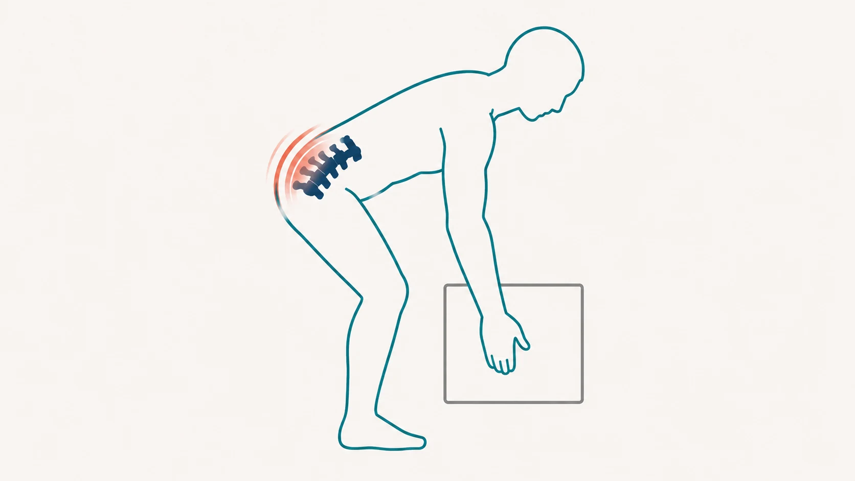 Illustration of a stylized human figure half-bent in a lifting posture with strain at the lower back