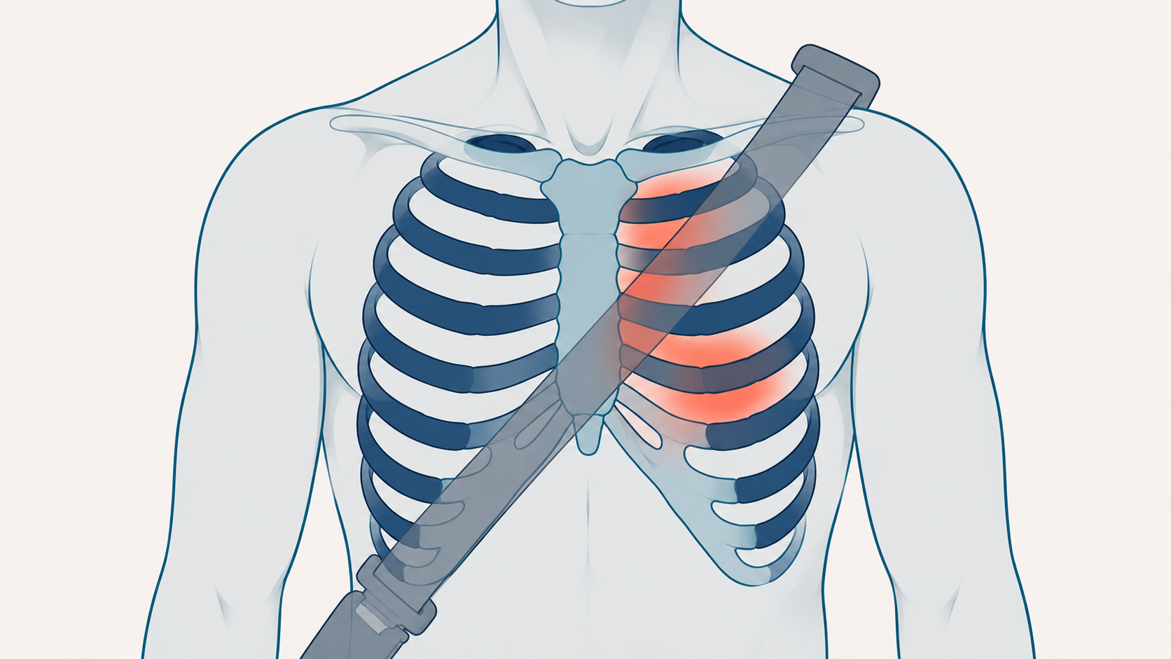 Illustration of the ribcage and chest wall showing seatbelt injury area