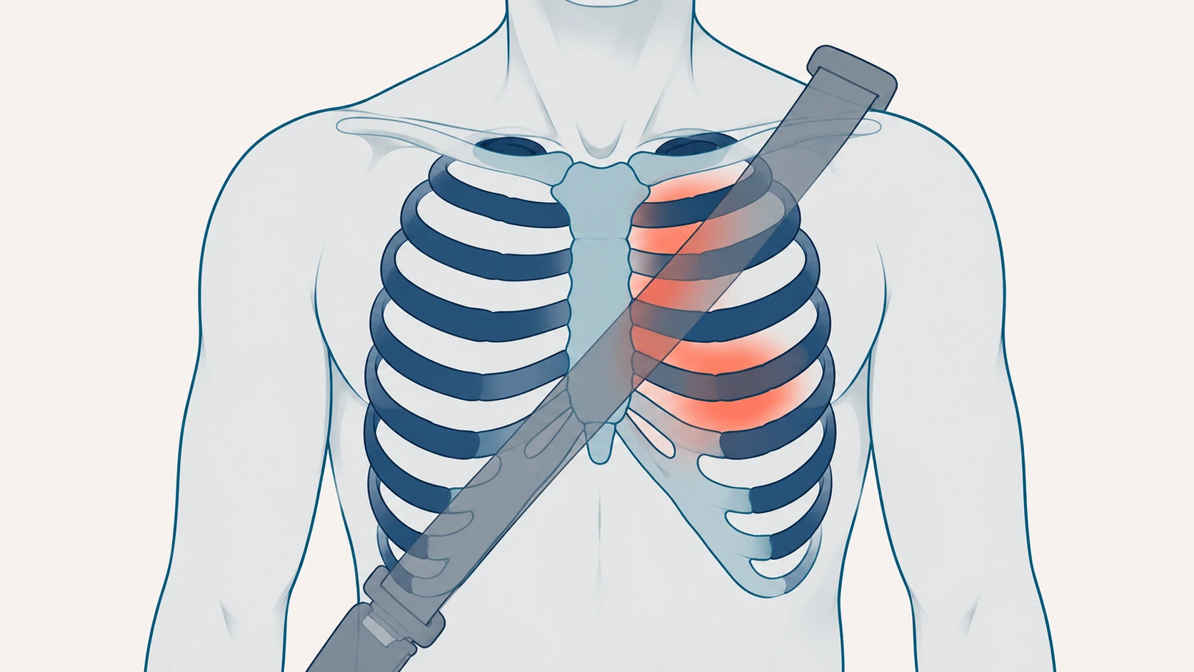 Illustration of the ribcage and chest wall showing seatbelt injury area