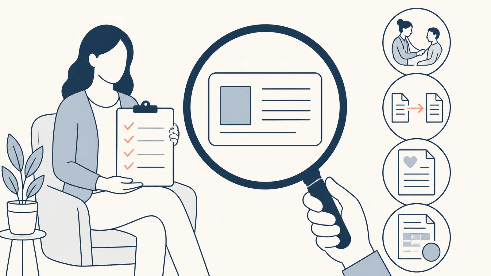 Checklist illustration for choosing an Ohio accident chiropractor with license verification, exam, referral, care plan, and payment questions