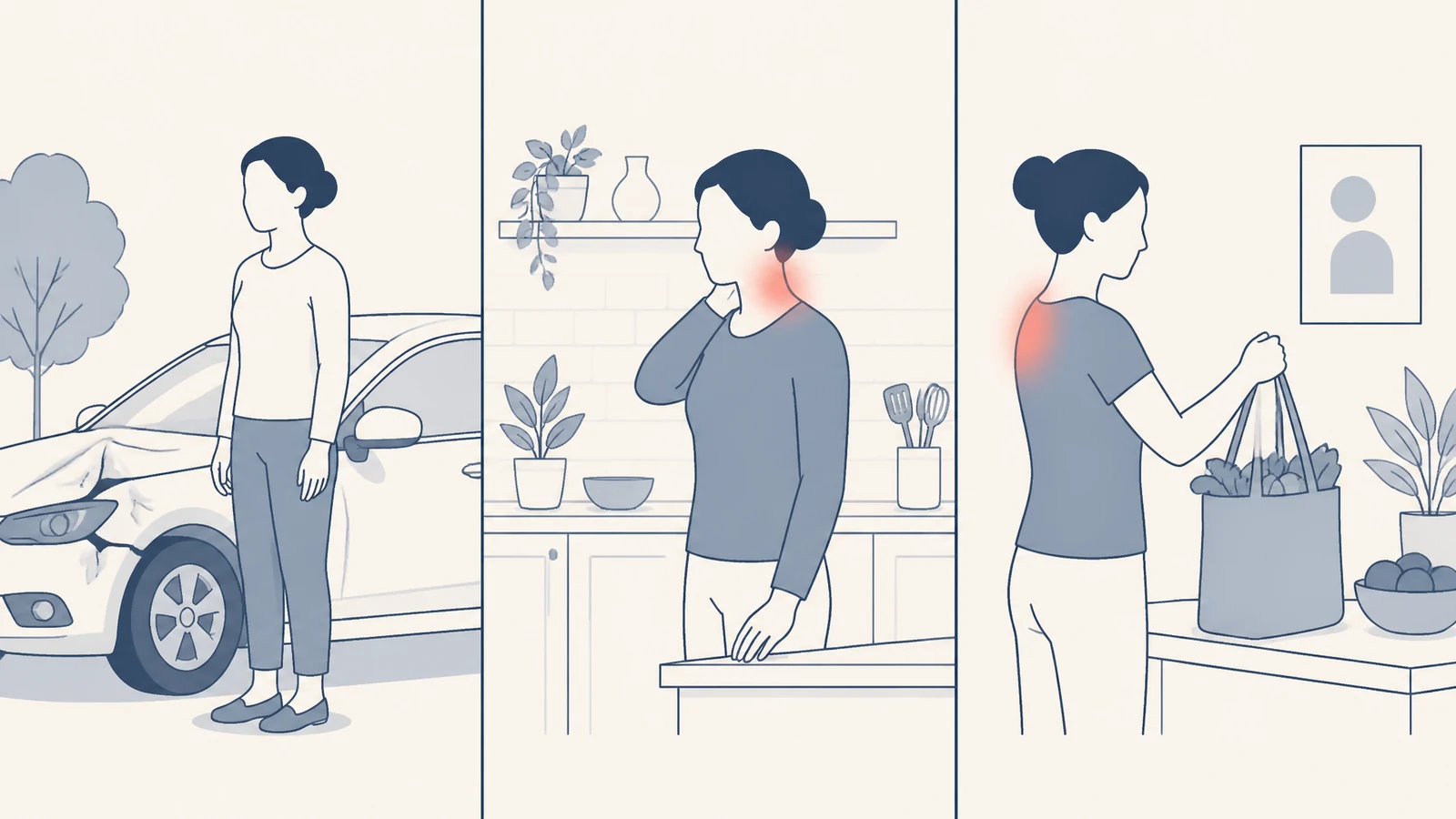 Sequence illustration of a person feeling relatively comfortable at a crash scene and later noticing neck and back soreness