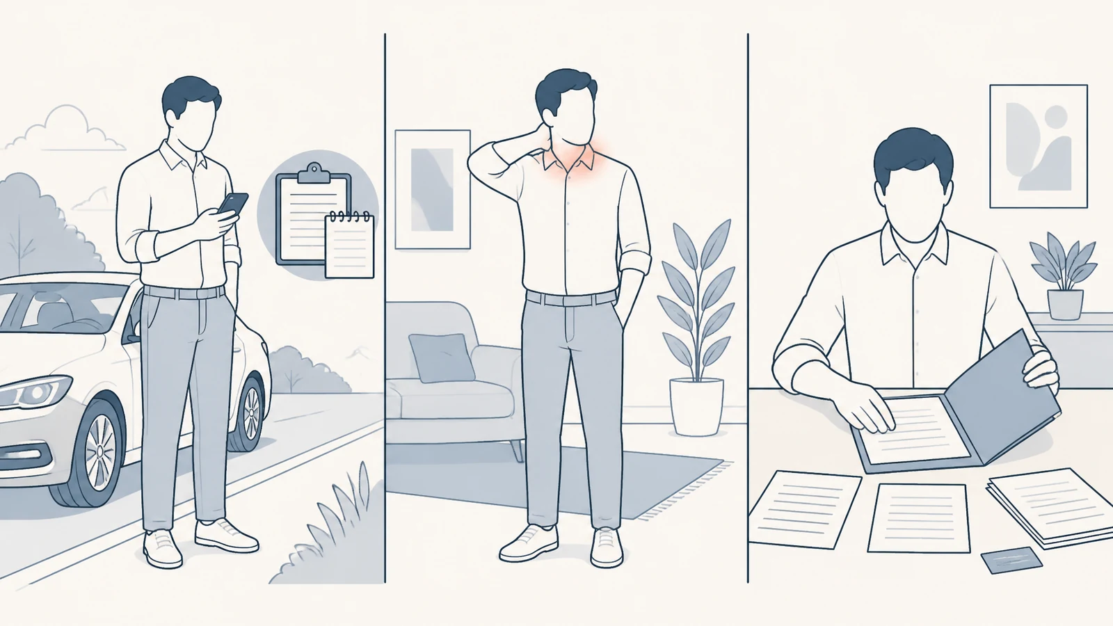 Three-stage illustration showing immediate crash safety, symptom monitoring, and organizing records after an Ohio car accident