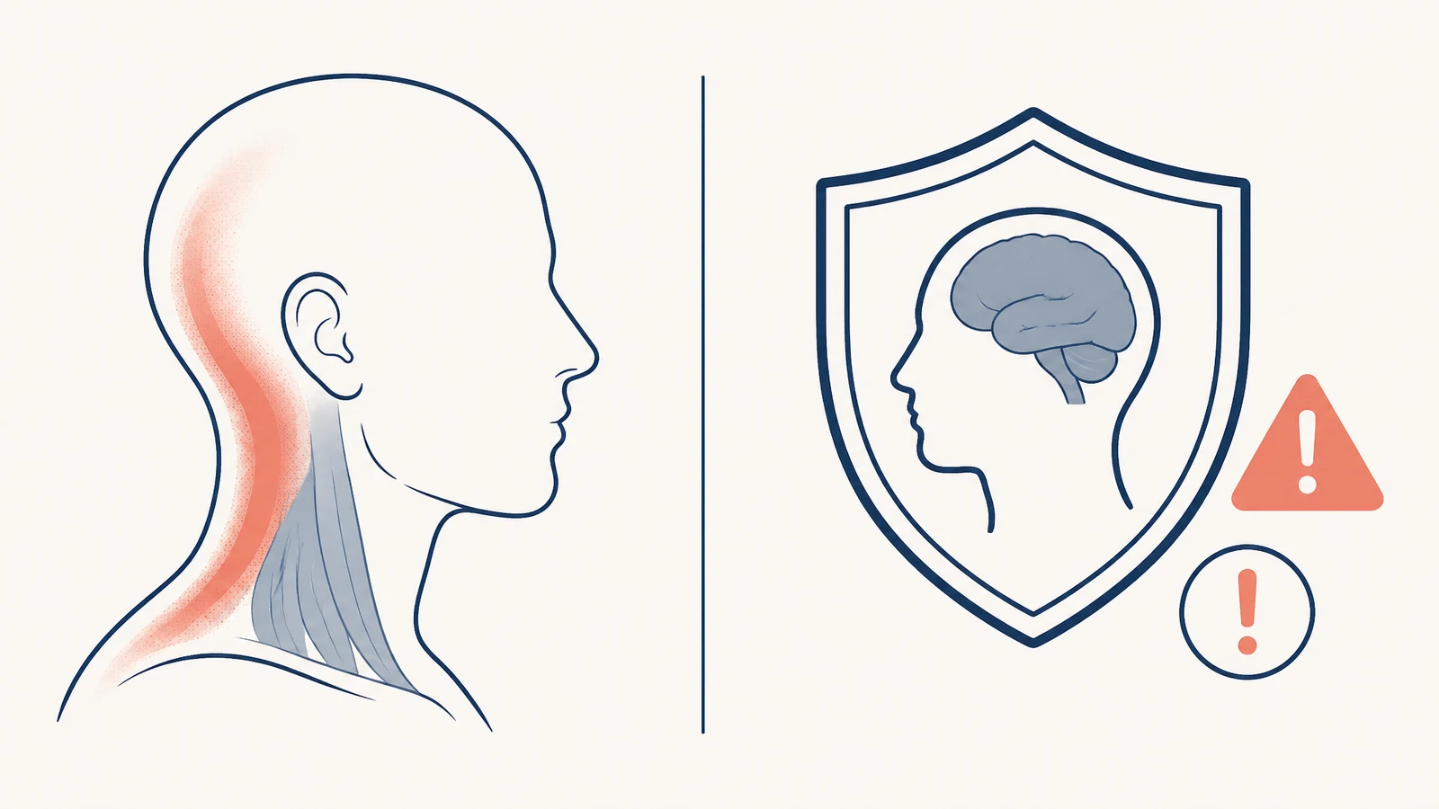 Illustration showing neck-related headache areas beside a separate head-injury warning symbol