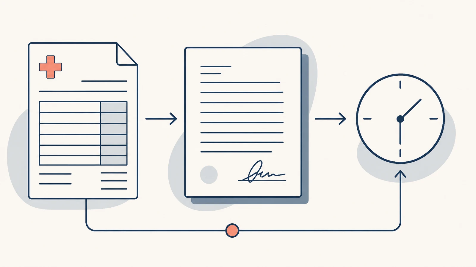 Illustration of a medical billing document with a deferred-payment clock and ledger