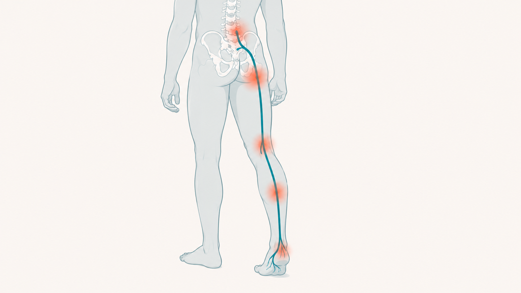 Illustration of the sciatic nerve pathway down the leg