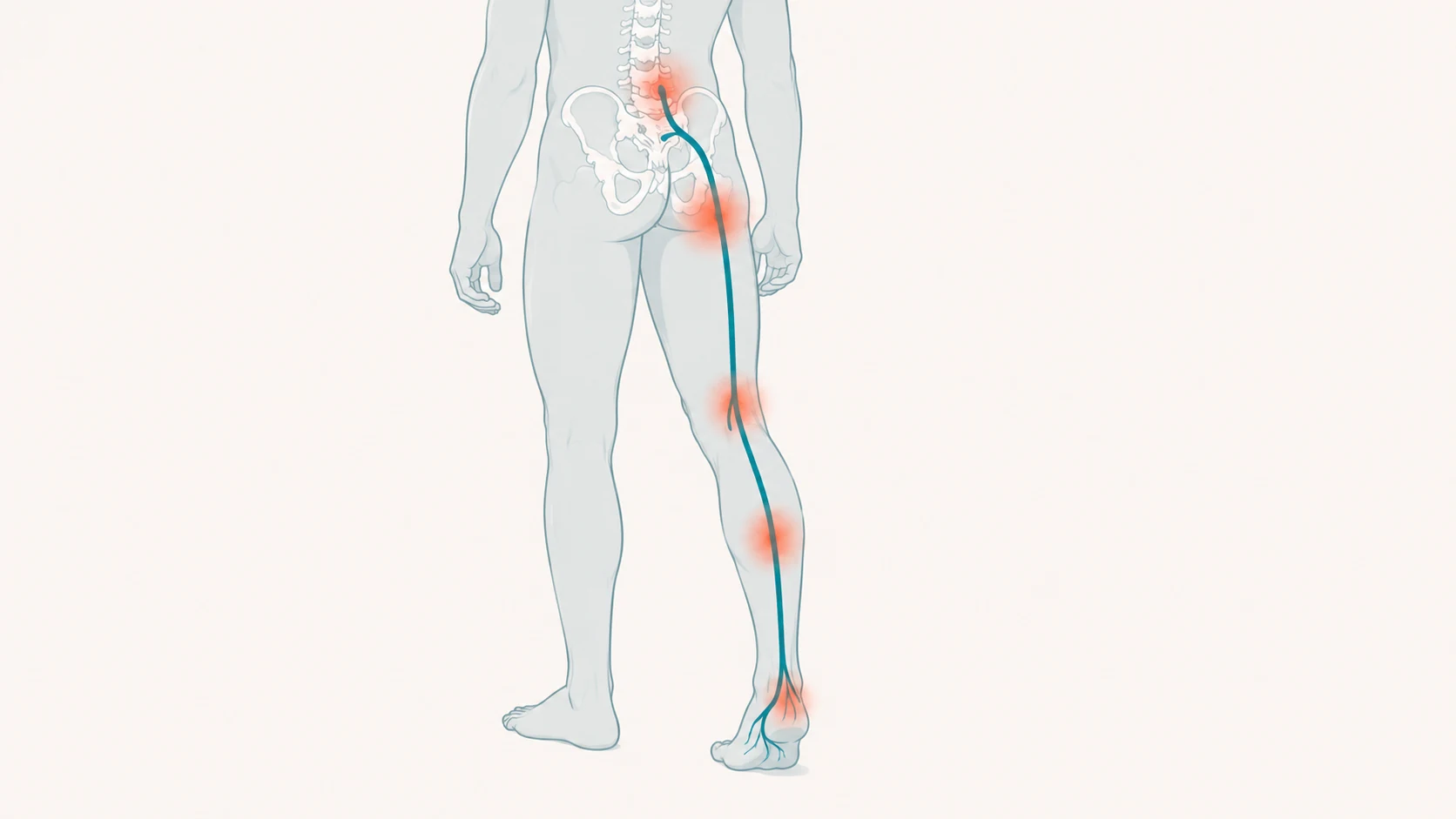 Illustration of the sciatic nerve pathway down the leg