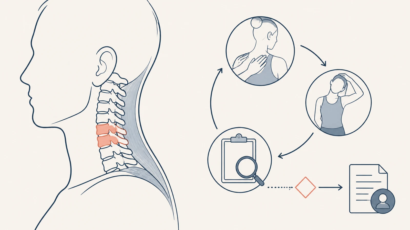 Illustration of neck symptoms with conservative care options and reassessment after a car accident