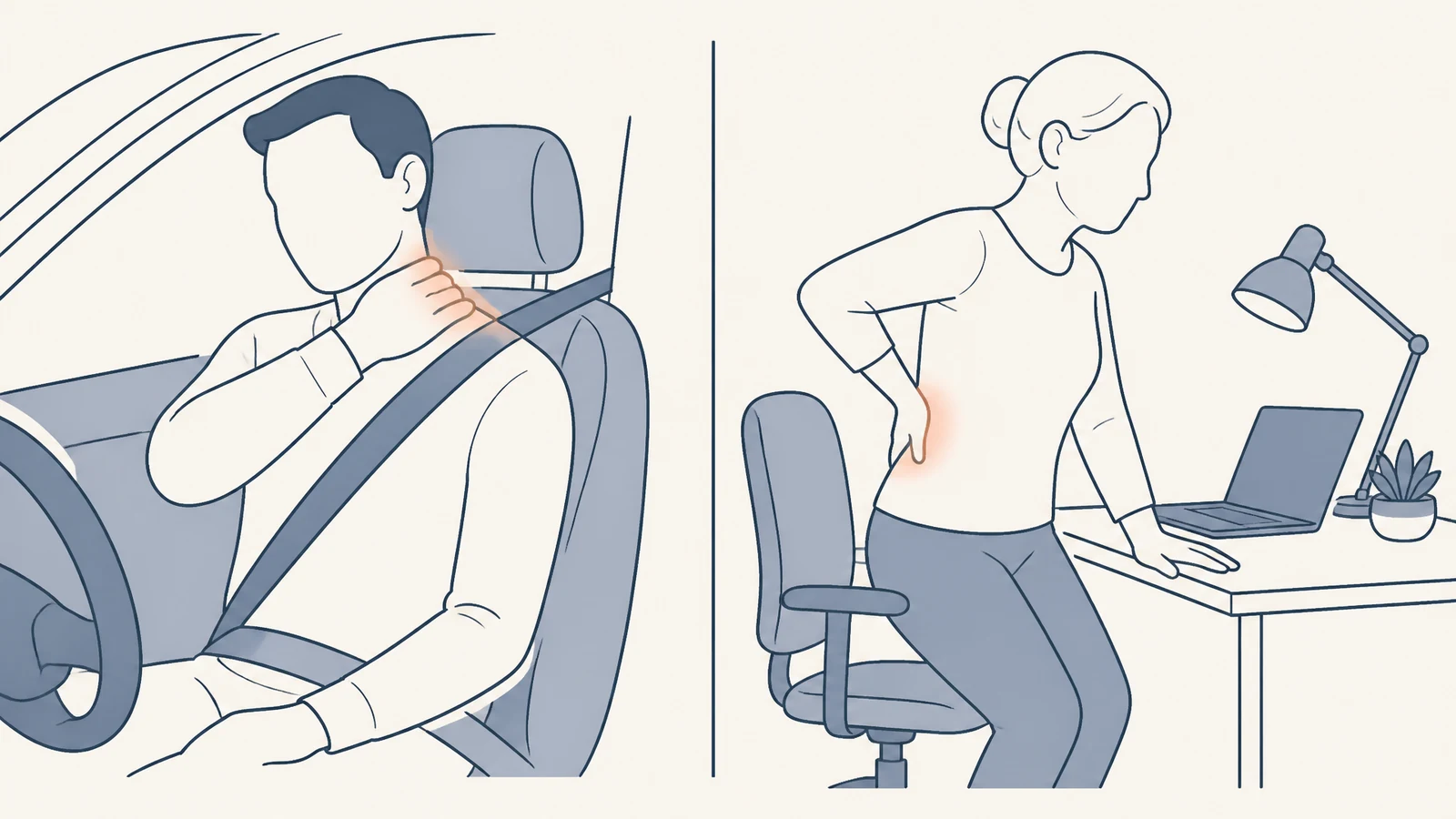Split illustration showing a person with neck and shoulder soreness after a car accident and another person with everyday back and neck strain